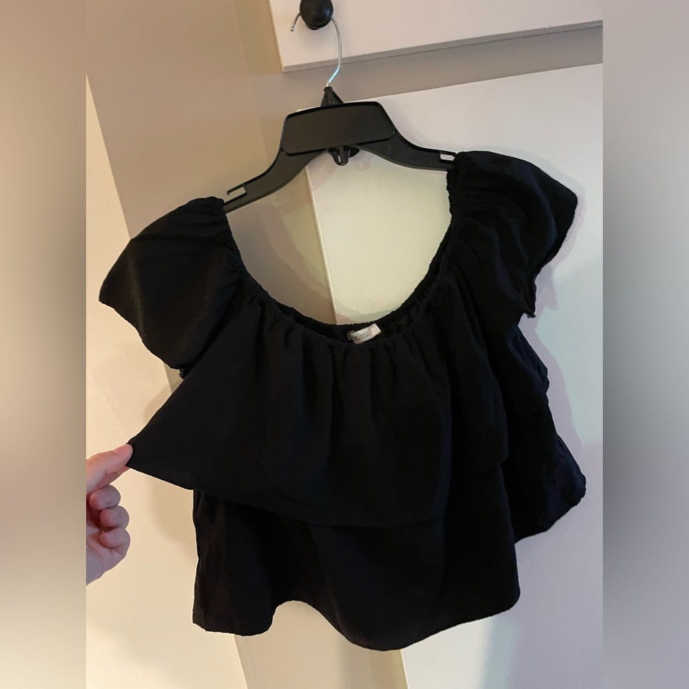 WOMENS LUCY PARIS BLACK LAYERED CROPPED SHORT SLEEVE BLOUSE SIZE MEDIUM